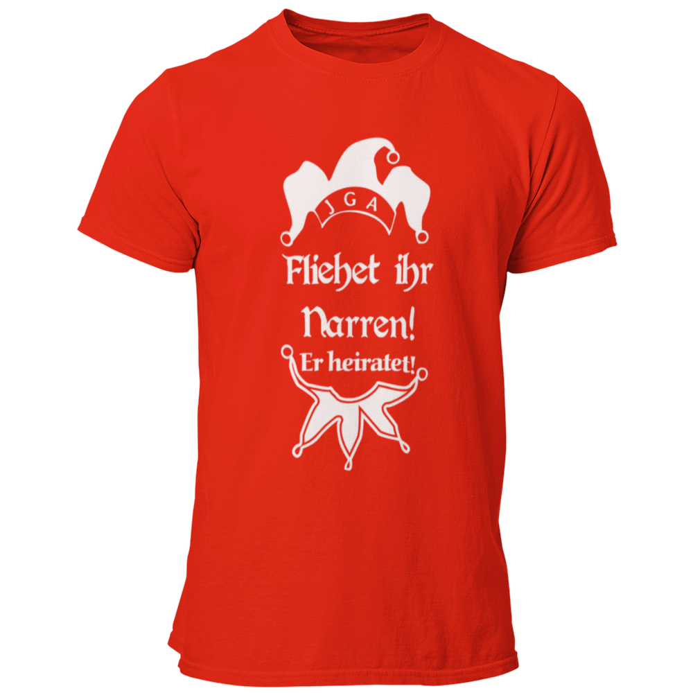 JGA T-Shirt mit dem witzigen Aufdruck 'Flieht ihr Narren! Er heiratet.' und einer Narrenkappe. Ideal für den Junggesellen und seine Crew, um den Bräutigam humorvoll zu unterstützen. Das Shirt besteht aus 100% Baumwolle und hat einen großen, mehrfarbigen Aufdruck, perfekt für spaßige Aktivitäten am Junggesellenabschied.