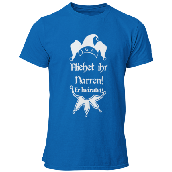 JGA T-Shirt mit dem witzigen Aufdruck 'Flieht ihr Narren! Er heiratet.' und einer Narrenkappe. Ideal für den Junggesellen und seine Crew, um den Bräutigam humorvoll zu unterstützen. Das Shirt besteht aus 100% Baumwolle und hat einen großen, mehrfarbigen Aufdruck, perfekt für spaßige Aktivitäten am Junggesellenabschied.