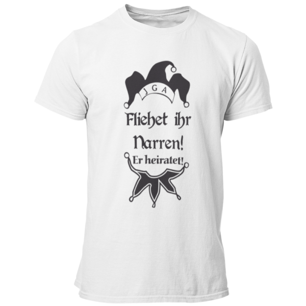 JGA T-Shirt mit dem witzigen Aufdruck 'Flieht ihr Narren! Er heiratet.' und einer Narrenkappe. Ideal für den Junggesellen und seine Crew, um den Bräutigam humorvoll zu unterstützen. Das Shirt besteht aus 100% Baumwolle und hat einen großen, mehrfarbigen Aufdruck, perfekt für spaßige Aktivitäten am Junggesellenabschied.