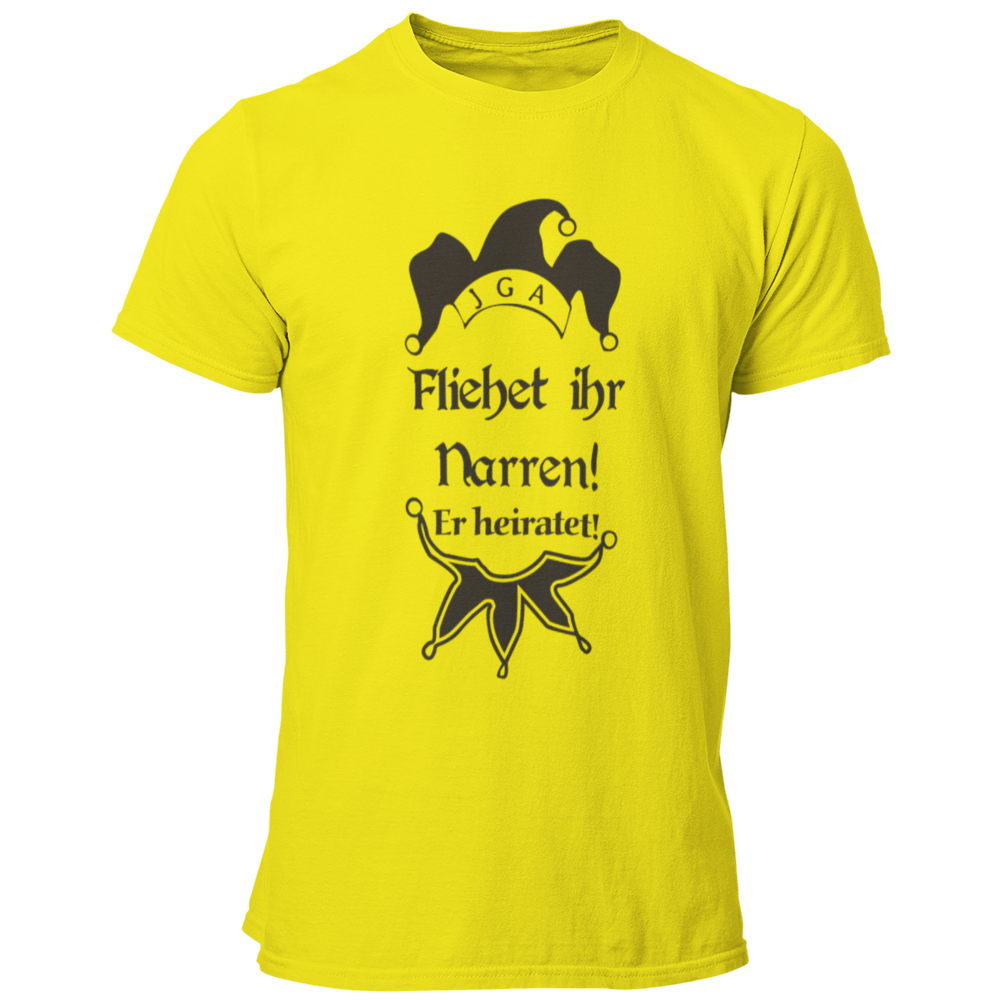 JGA T-Shirt mit dem witzigen Aufdruck 'Flieht ihr Narren! Er heiratet.' und einer Narrenkappe. Ideal für den Junggesellen und seine Crew, um den Bräutigam humorvoll zu unterstützen. Das Shirt besteht aus 100% Baumwolle und hat einen großen, mehrfarbigen Aufdruck, perfekt für spaßige Aktivitäten am Junggesellenabschied.