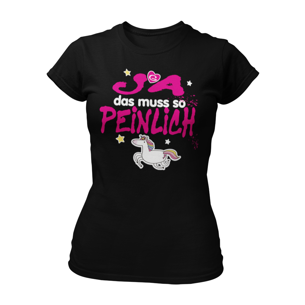 Feminin geschnittenes JGA-Shirt mit pink/weißem Schriftzug und bunten Sternen sowie einem Einhorn mit Regenbogenmähne. Ideal für den Junggesellinnenabschied, um lustige Aufgaben zu erfüllen und die Party zu feiern. Erhältlich in verschiedenen Farben und passend zu vielen Accessoires.