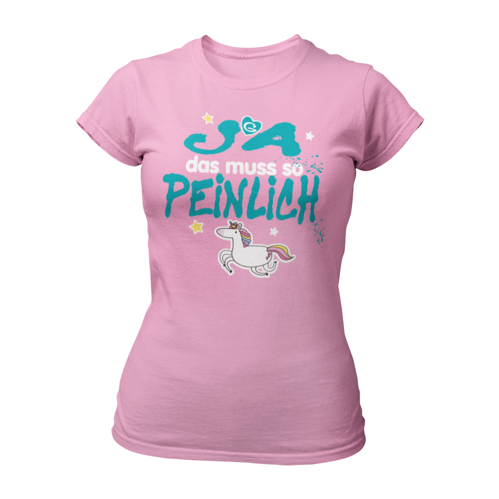Feminin geschnittenes JGA-Shirt mit pink/weißem Schriftzug und bunten Sternen sowie einem Einhorn mit Regenbogenmähne. Ideal für den Junggesellinnenabschied, um lustige Aufgaben zu erfüllen und die Party zu feiern. Erhältlich in verschiedenen Farben und passend zu vielen Accessoires.