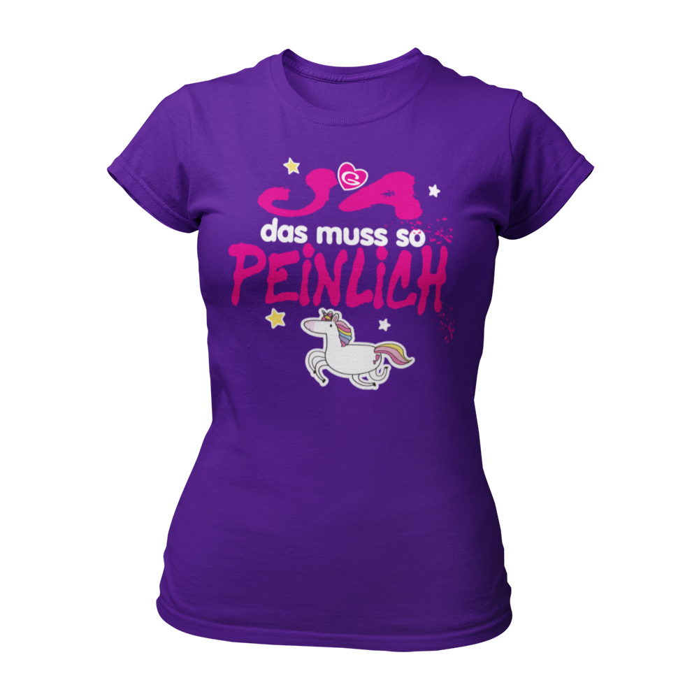 Feminin geschnittenes JGA-Shirt mit pink/weißem Schriftzug und bunten Sternen sowie einem Einhorn mit Regenbogenmähne. Ideal für den Junggesellinnenabschied, um lustige Aufgaben zu erfüllen und die Party zu feiern. Erhältlich in verschiedenen Farben und passend zu vielen Accessoires.