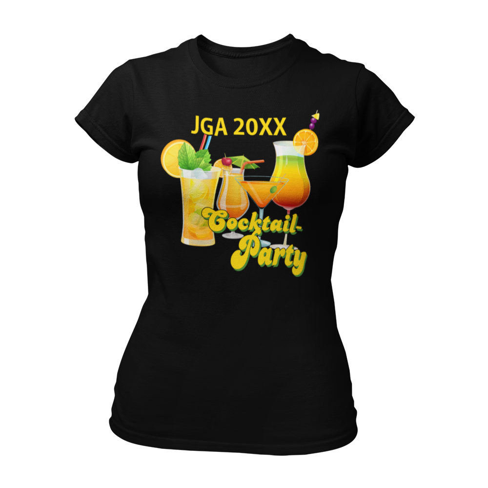 JGA T-Shirt 'Cocktail Party' für Frauen, ideal für einen stilvollen Junggesellinnenabschied. Mit automatisch eingesetzter Jahreszahl, tailliert geschnitten und in bunten Farben erhältlich. Perfekt kombinierbar mit passenden Accessoires