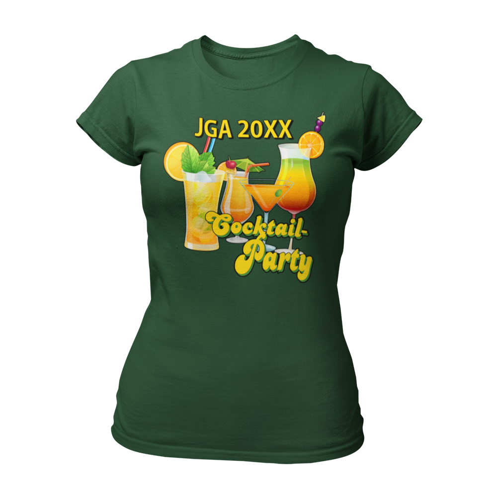 JGA T-Shirt 'Cocktail Party' für Frauen, ideal für einen stilvollen Junggesellinnenabschied. Mit automatisch eingesetzter Jahreszahl, tailliert geschnitten und in bunten Farben erhältlich. Perfekt kombinierbar mit passenden Accessoires