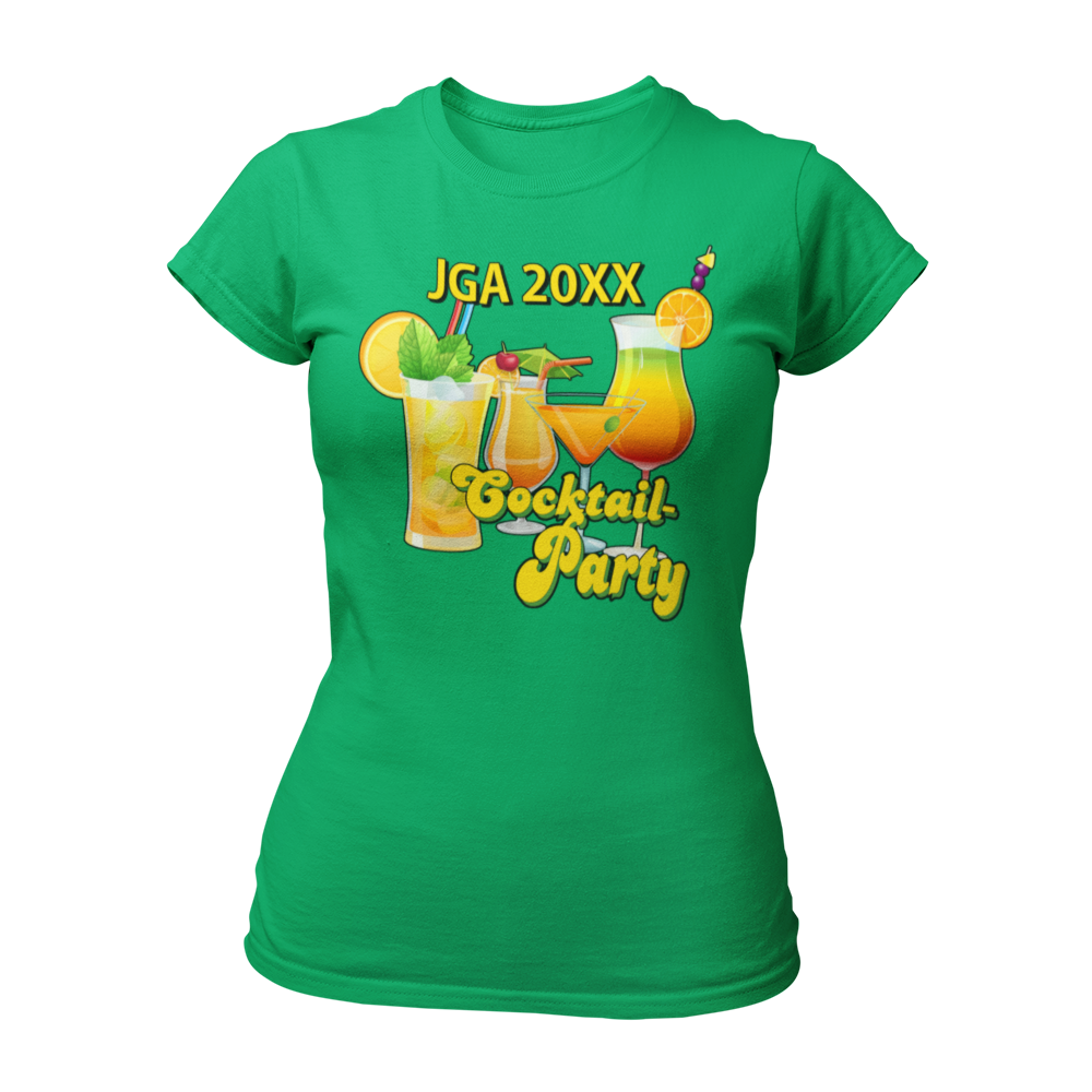 JGA T-Shirt 'Cocktail Party' für Frauen, ideal für einen stilvollen Junggesellinnenabschied. Mit automatisch eingesetzter Jahreszahl, tailliert geschnitten und in bunten Farben erhältlich. Perfekt kombinierbar mit passenden Accessoires