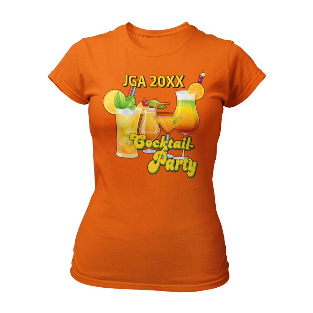 JGA T-Shirt 'Cocktail Party' für Frauen, ideal für einen stilvollen Junggesellinnenabschied. Mit automatisch eingesetzter Jahreszahl, tailliert geschnitten und in bunten Farben erhältlich. Perfekt kombinierbar mit passenden Accessoires