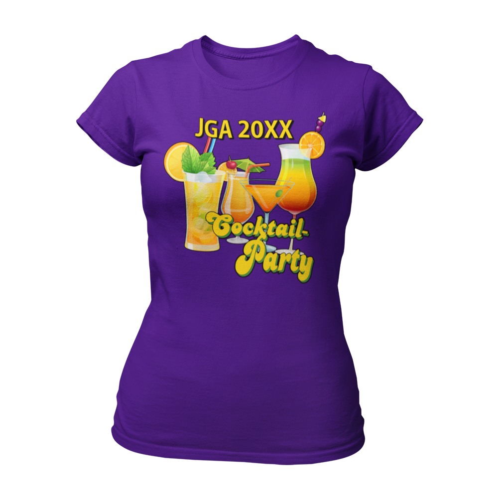 JGA T-Shirt 'Cocktail Party' für Frauen, ideal für einen stilvollen Junggesellinnenabschied. Mit automatisch eingesetzter Jahreszahl, tailliert geschnitten und in bunten Farben erhältlich. Perfekt kombinierbar mit passenden Accessoires