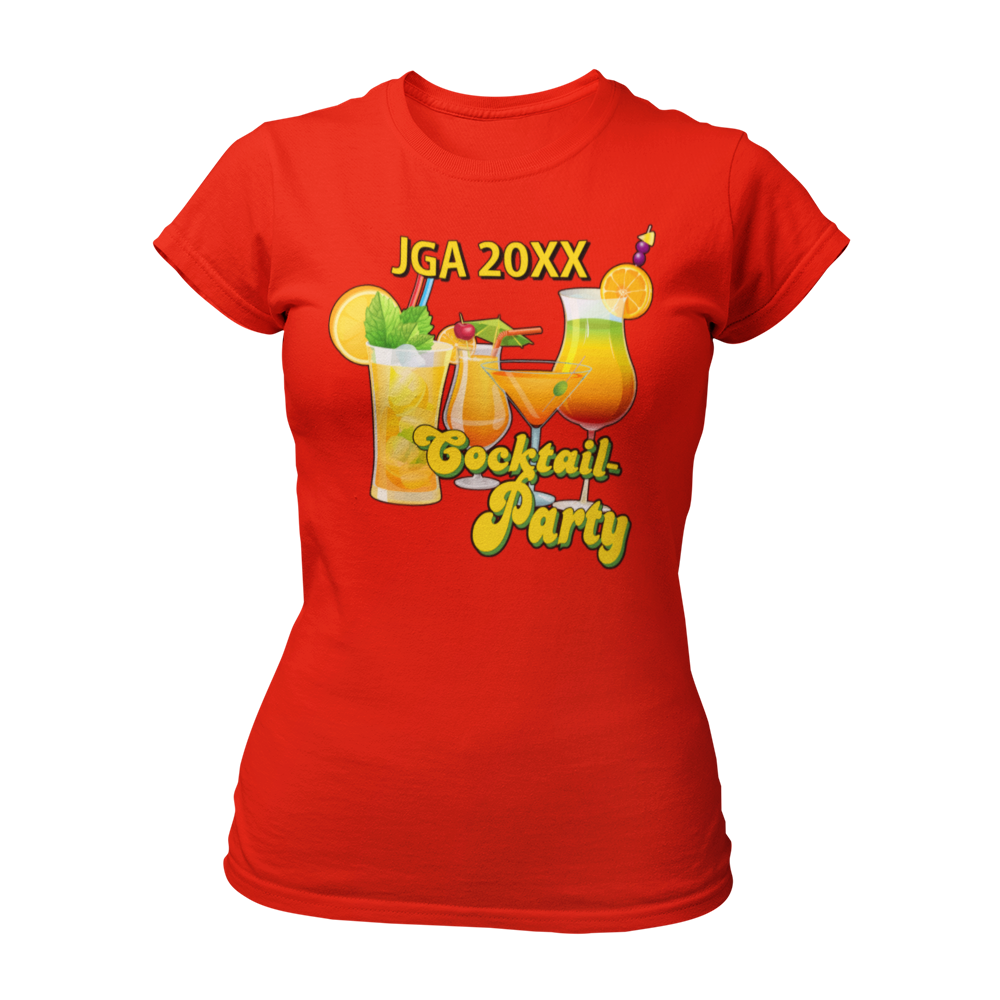 JGA T-Shirt 'Cocktail Party' für Frauen, ideal für einen stilvollen Junggesellinnenabschied. Mit automatisch eingesetzter Jahreszahl, tailliert geschnitten und in bunten Farben erhältlich. Perfekt kombinierbar mit passenden Accessoires