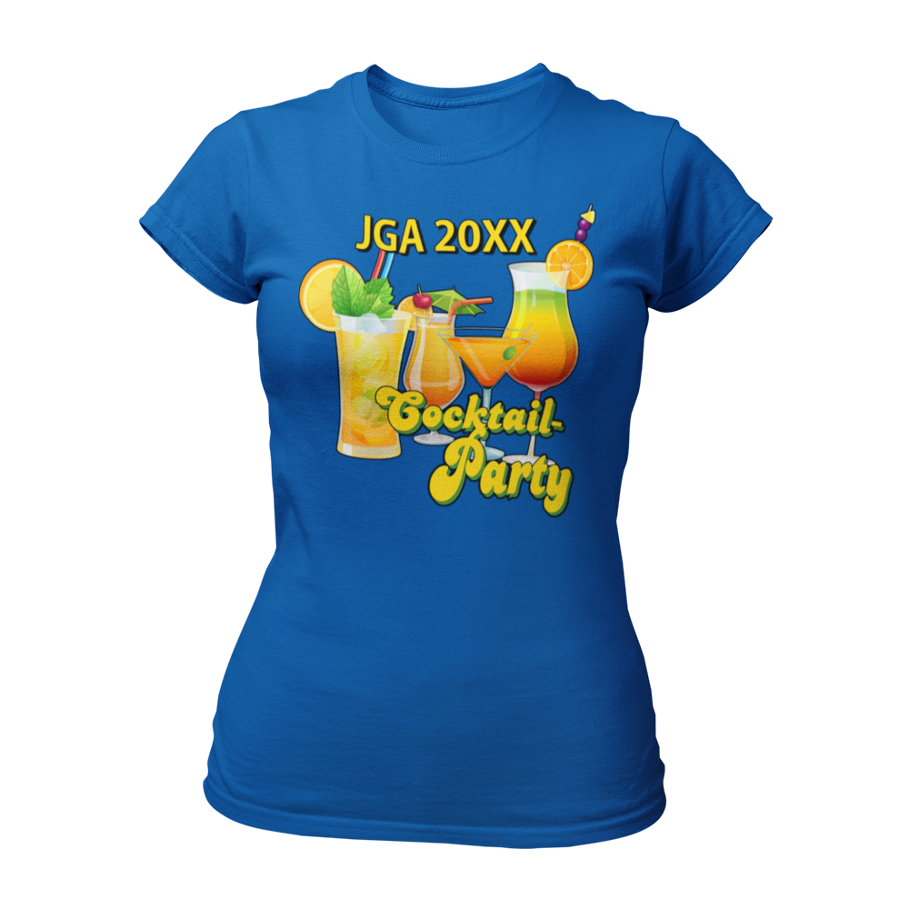 JGA T-Shirt 'Cocktail Party' für Frauen, ideal für einen stilvollen Junggesellinnenabschied. Mit automatisch eingesetzter Jahreszahl, tailliert geschnitten und in bunten Farben erhältlich. Perfekt kombinierbar mit passenden Accessoires