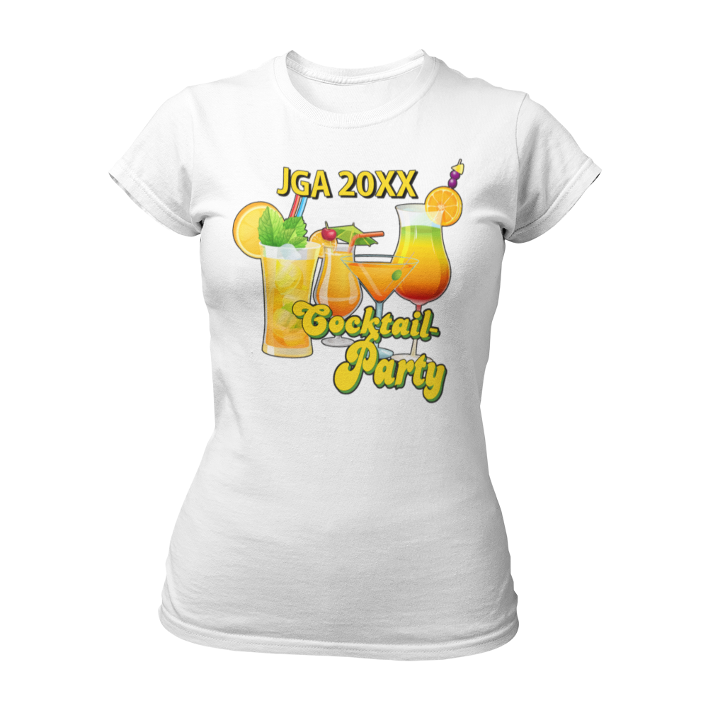 JGA T-Shirt 'Cocktail Party' für Frauen, ideal für einen stilvollen Junggesellinnenabschied. Mit automatisch eingesetzter Jahreszahl, tailliert geschnitten und in bunten Farben erhältlich. Perfekt kombinierbar mit passenden Accessoires