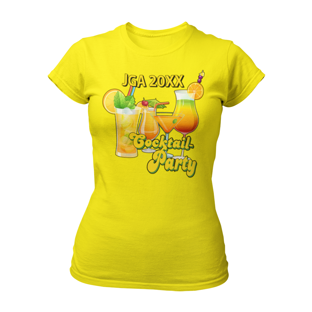 JGA T-Shirt 'Cocktail Party' für Frauen, ideal für einen stilvollen Junggesellinnenabschied. Mit automatisch eingesetzter Jahreszahl, tailliert geschnitten und in bunten Farben erhältlich. Perfekt kombinierbar mit passenden Accessoires