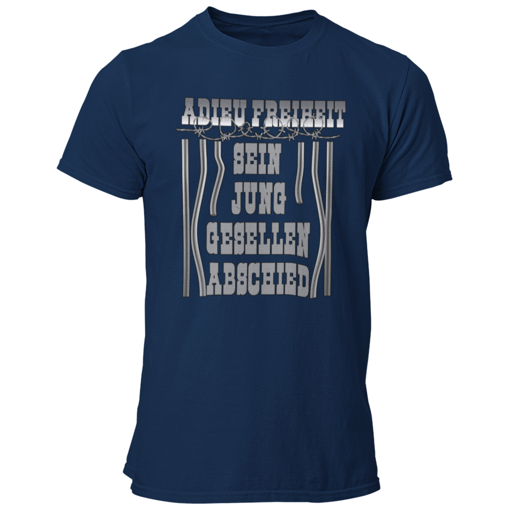 Das JGA T-Shirt "Adieu Freiheit" zeigt ein cooles Design mit verbogenen Gitterstäben und spielt humorvoll auf die Ehe und ihre Verpflichtungen an. Es erinnert den Bräutigam daran, die letzte Nacht in Freiheit gebührend zu feiern, bevor er sich in den "Knast" der Ehe begibt. Ideal für Trauzeugen, die ihren Freund auf die bevorstehenden Veränderungen vorbereiten wollen, ist dieses Shirt ein witziges Highlight für den Junggesellenabschied.