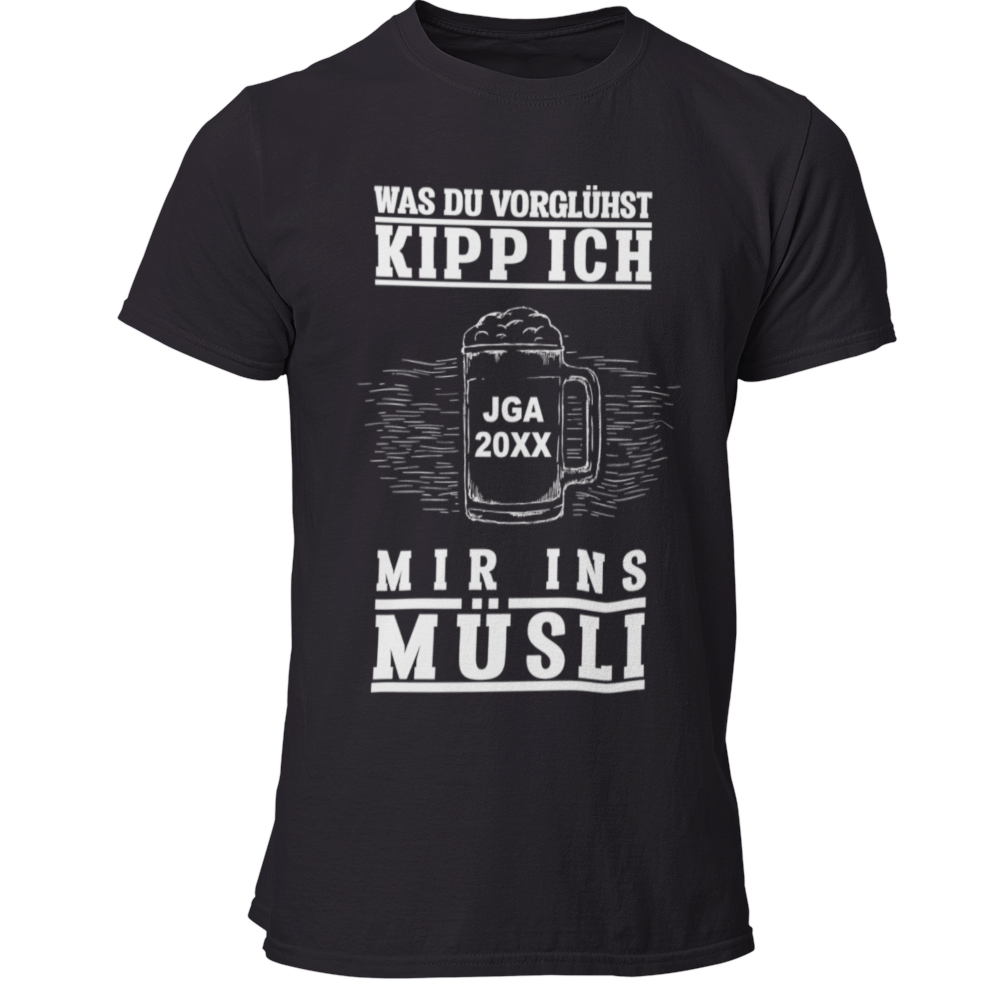 Das JGA T-Shirt „JGA Müsli“ kombiniert Humor mit Individualität, indem es die Jahreszahl des Junggesellenabschieds personalisierbar ist. Der witzige Spruch „Was Du vorglühst, kipp ich mir ins Müsli“ sorgt für Lacher und bringt den Feiergeist zum Ausdruck. Mit hochwertigem Digitaldruck bietet es ein tolles Preis-Leistungs-Verhältnis und ist das perfekte Andenken für eine unvergessliche Feier!