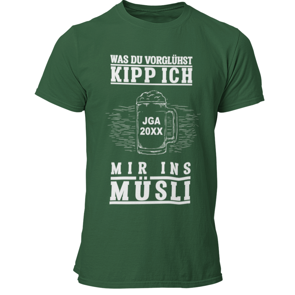 Das JGA T-Shirt „JGA Müsli“ kombiniert Humor mit Individualität, indem es die Jahreszahl des Junggesellenabschieds personalisierbar ist. Der witzige Spruch „Was Du vorglühst, kipp ich mir ins Müsli“ sorgt für Lacher und bringt den Feiergeist zum Ausdruck. Mit hochwertigem Digitaldruck bietet es ein tolles Preis-Leistungs-Verhältnis und ist das perfekte Andenken für eine unvergessliche Feier!