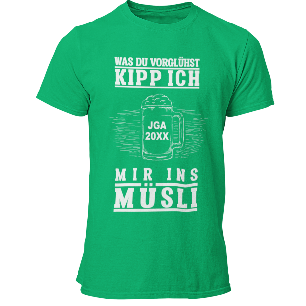 Das JGA T-Shirt „JGA Müsli“ kombiniert Humor mit Individualität, indem es die Jahreszahl des Junggesellenabschieds personalisierbar ist. Der witzige Spruch „Was Du vorglühst, kipp ich mir ins Müsli“ sorgt für Lacher und bringt den Feiergeist zum Ausdruck. Mit hochwertigem Digitaldruck bietet es ein tolles Preis-Leistungs-Verhältnis und ist das perfekte Andenken für eine unvergessliche Feier!