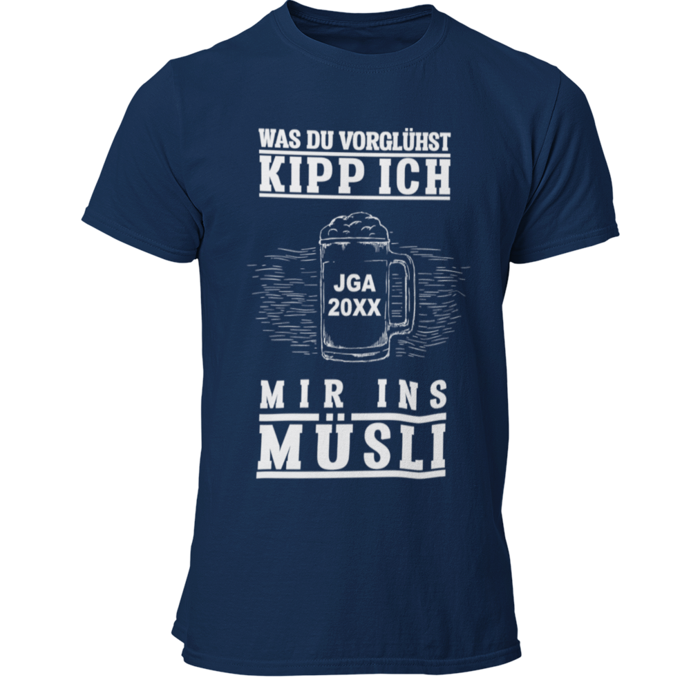Das JGA T-Shirt „JGA Müsli“ kombiniert Humor mit Individualität, indem es die Jahreszahl des Junggesellenabschieds personalisierbar ist. Der witzige Spruch „Was Du vorglühst, kipp ich mir ins Müsli“ sorgt für Lacher und bringt den Feiergeist zum Ausdruck. Mit hochwertigem Digitaldruck bietet es ein tolles Preis-Leistungs-Verhältnis und ist das perfekte Andenken für eine unvergessliche Feier!