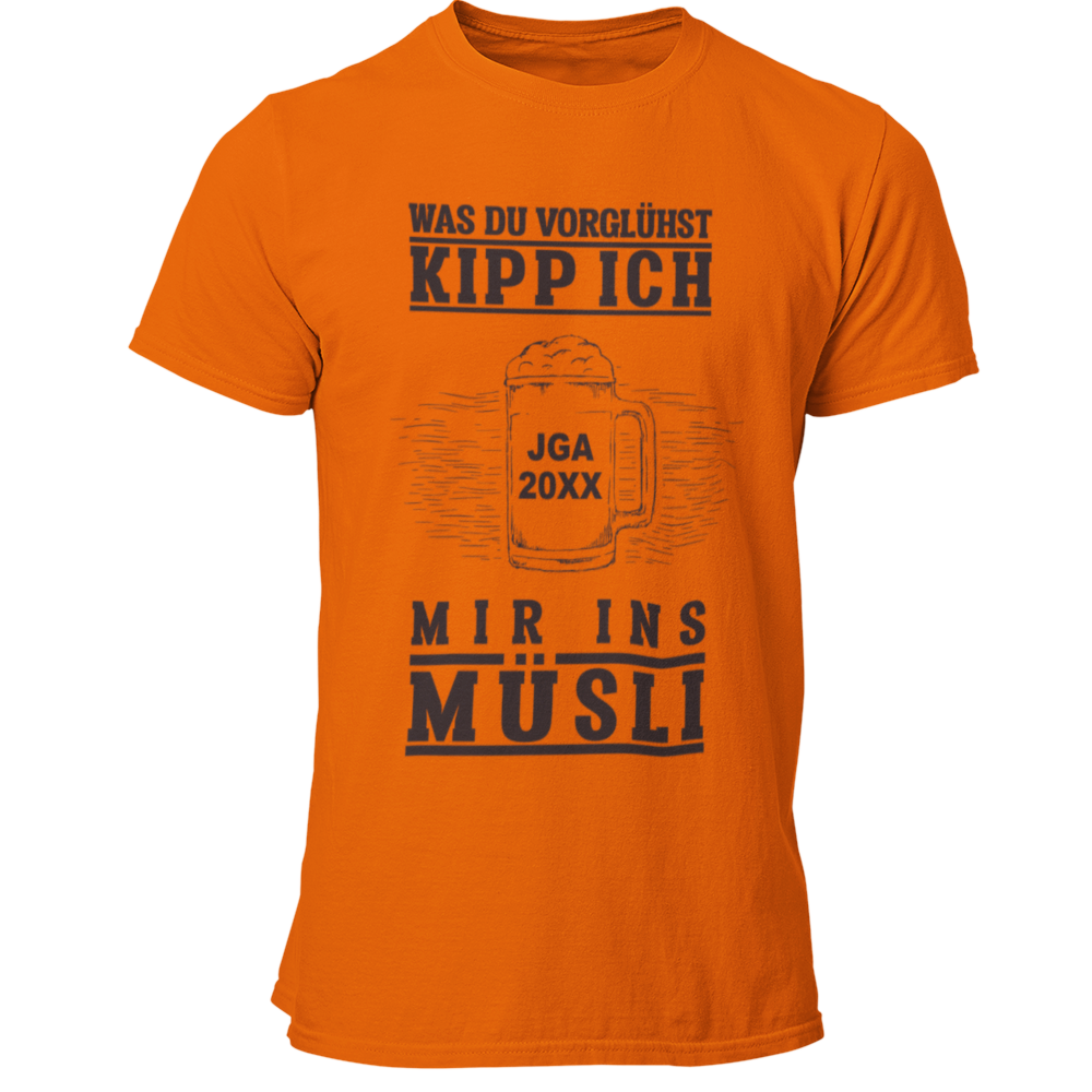 Das JGA T-Shirt „JGA Müsli“ kombiniert Humor mit Individualität, indem es die Jahreszahl des Junggesellenabschieds personalisierbar ist. Der witzige Spruch „Was Du vorglühst, kipp ich mir ins Müsli“ sorgt für Lacher und bringt den Feiergeist zum Ausdruck. Mit hochwertigem Digitaldruck bietet es ein tolles Preis-Leistungs-Verhältnis und ist das perfekte Andenken für eine unvergessliche Feier!