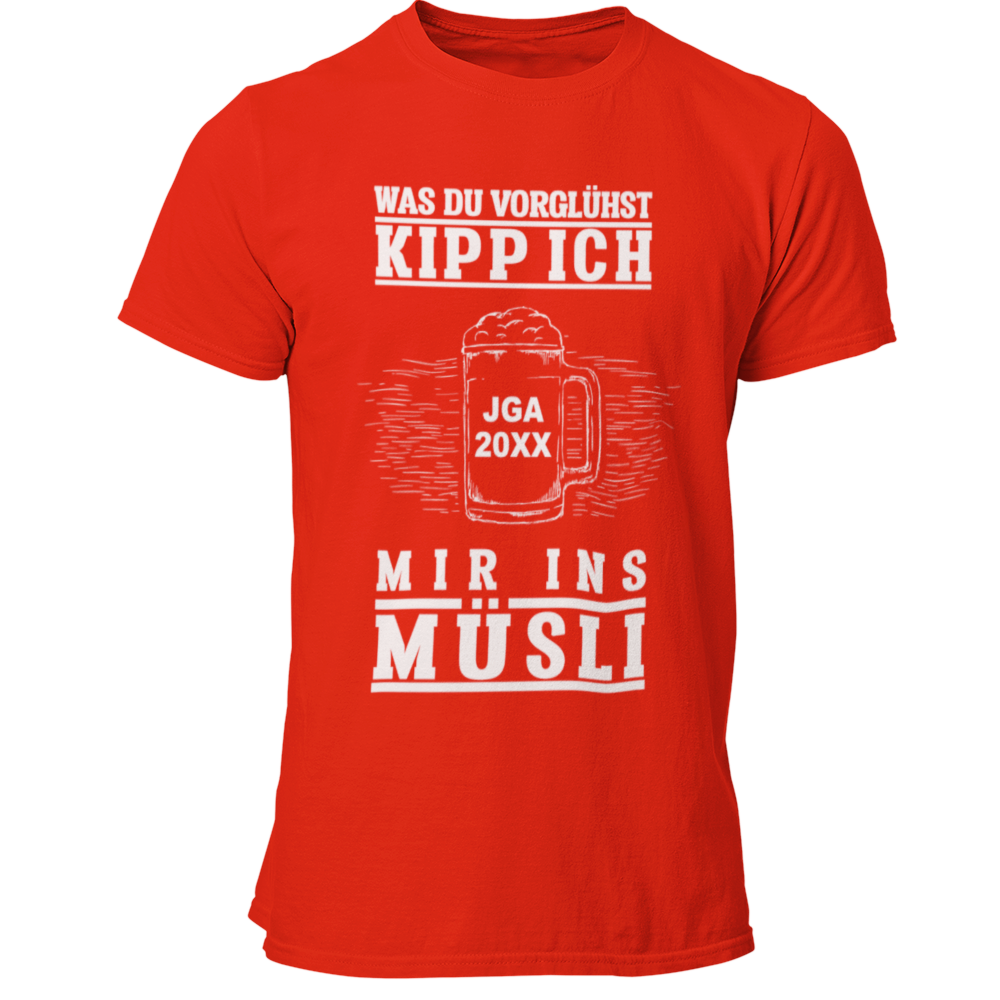 Das JGA T-Shirt „JGA Müsli“ kombiniert Humor mit Individualität, indem es die Jahreszahl des Junggesellenabschieds personalisierbar ist. Der witzige Spruch „Was Du vorglühst, kipp ich mir ins Müsli“ sorgt für Lacher und bringt den Feiergeist zum Ausdruck. Mit hochwertigem Digitaldruck bietet es ein tolles Preis-Leistungs-Verhältnis und ist das perfekte Andenken für eine unvergessliche Feier!