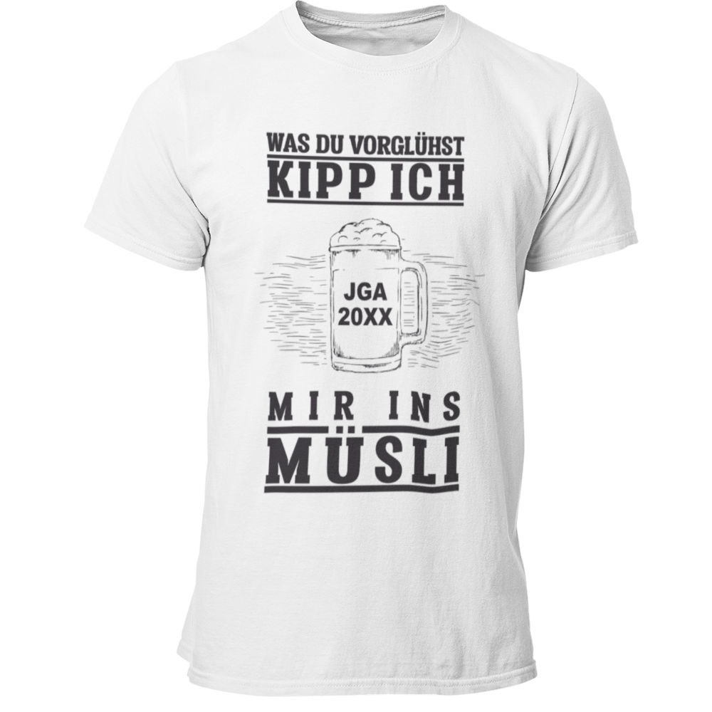 Das JGA T-Shirt „JGA Müsli“ kombiniert Humor mit Individualität, indem es die Jahreszahl des Junggesellenabschieds personalisierbar ist. Der witzige Spruch „Was Du vorglühst, kipp ich mir ins Müsli“ sorgt für Lacher und bringt den Feiergeist zum Ausdruck. Mit hochwertigem Digitaldruck bietet es ein tolles Preis-Leistungs-Verhältnis und ist das perfekte Andenken für eine unvergessliche Feier!