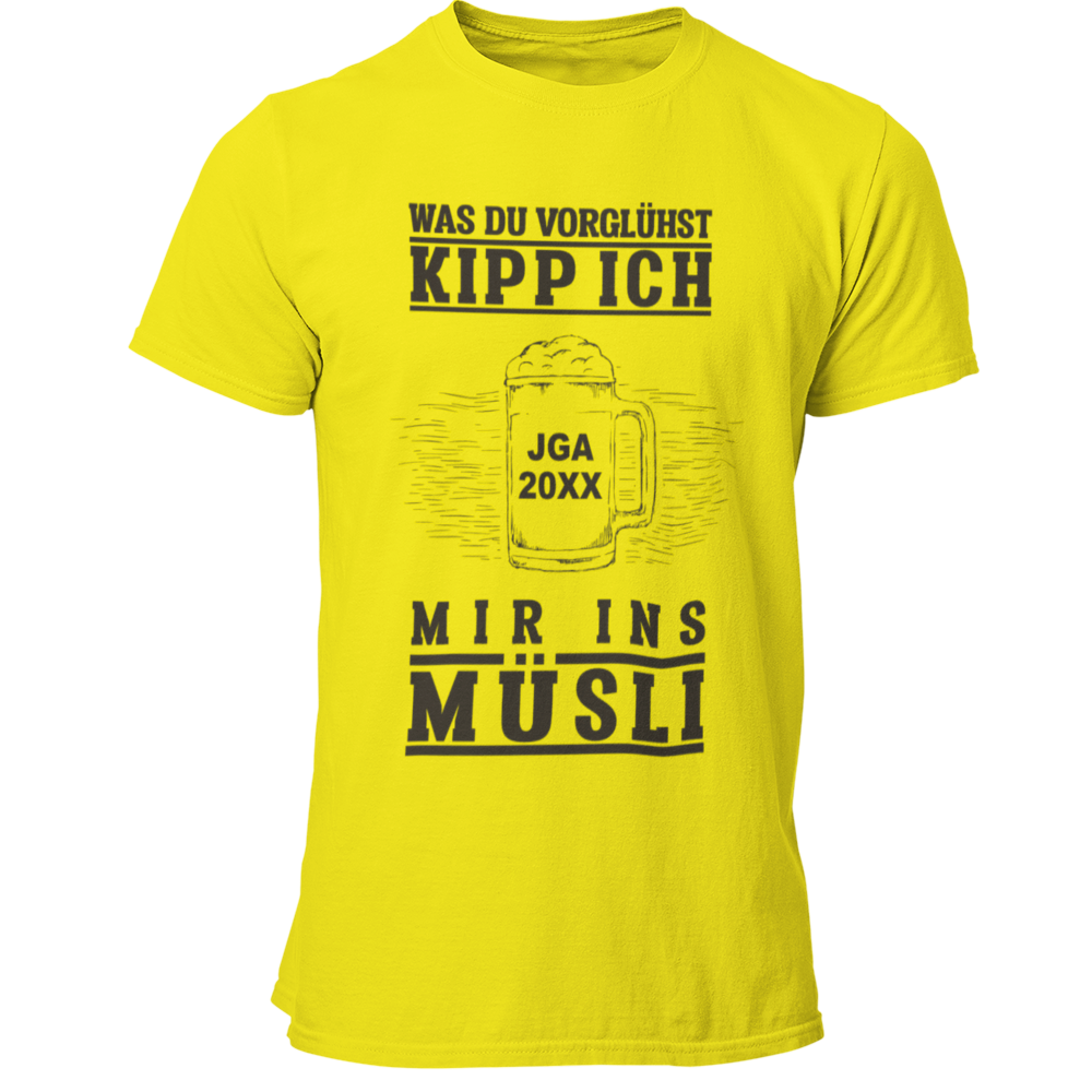Das JGA T-Shirt „JGA Müsli“ kombiniert Humor mit Individualität, indem es die Jahreszahl des Junggesellenabschieds personalisierbar ist. Der witzige Spruch „Was Du vorglühst, kipp ich mir ins Müsli“ sorgt für Lacher und bringt den Feiergeist zum Ausdruck. Mit hochwertigem Digitaldruck bietet es ein tolles Preis-Leistungs-Verhältnis und ist das perfekte Andenken für eine unvergessliche Feier!