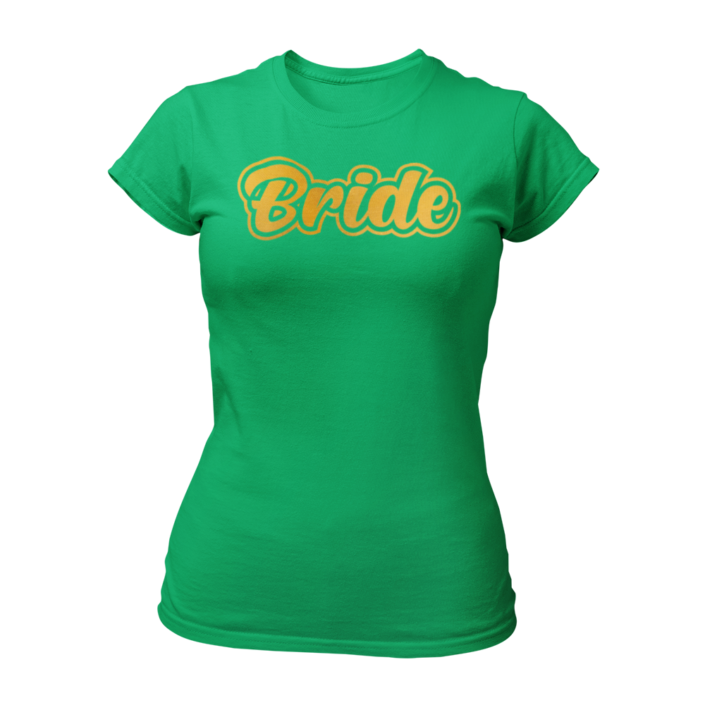 JGA T-Shirt "Bride" mit glitzerndem Goldeffekt-Druck, der den Schriftzug "Bride" hervorhebt. Das Shirt ist in verschiedenen Farben erhältlich und ideal für die Junggesellin, die den Star des Abends darstellen möchte. Passend dazu gibt es ein „Team Bride“ Shirt für die Begleitpersonen.