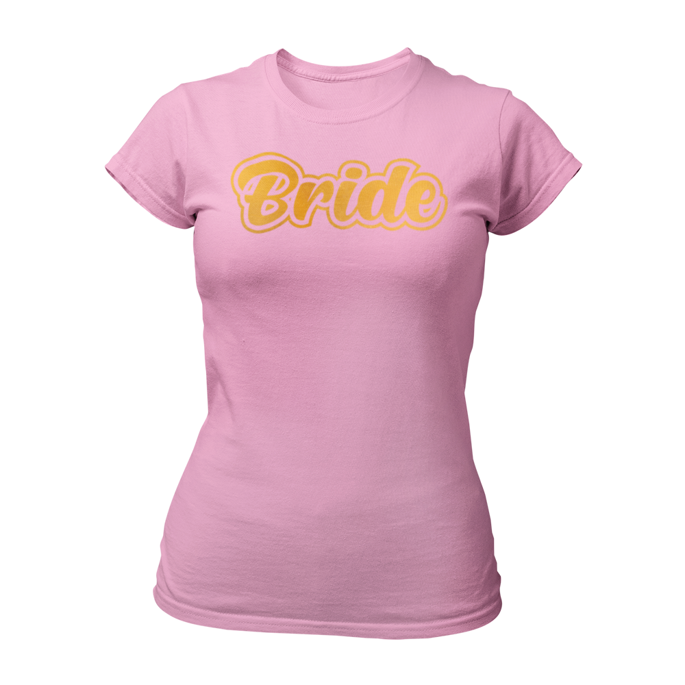 JGA T-Shirt "Bride" mit glitzerndem Goldeffekt-Druck, der den Schriftzug "Bride" hervorhebt. Das Shirt ist in verschiedenen Farben erhältlich und ideal für die Junggesellin, die den Star des Abends darstellen möchte. Passend dazu gibt es ein „Team Bride“ Shirt für die Begleitpersonen.