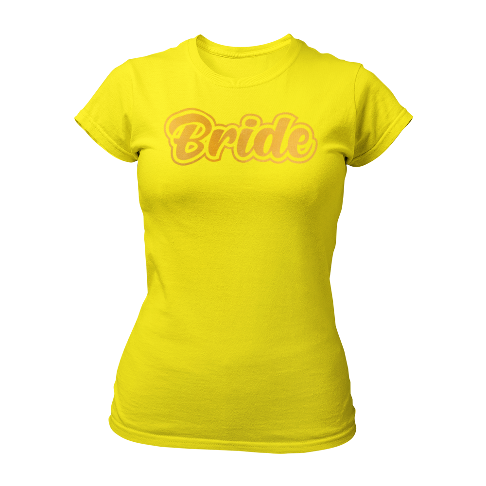 JGA T-Shirt "Bride" mit glitzerndem Goldeffekt-Druck, der den Schriftzug "Bride" hervorhebt. Das Shirt ist in verschiedenen Farben erhältlich und ideal für die Junggesellin, die den Star des Abends darstellen möchte. Passend dazu gibt es ein „Team Bride“ Shirt für die Begleitpersonen.
