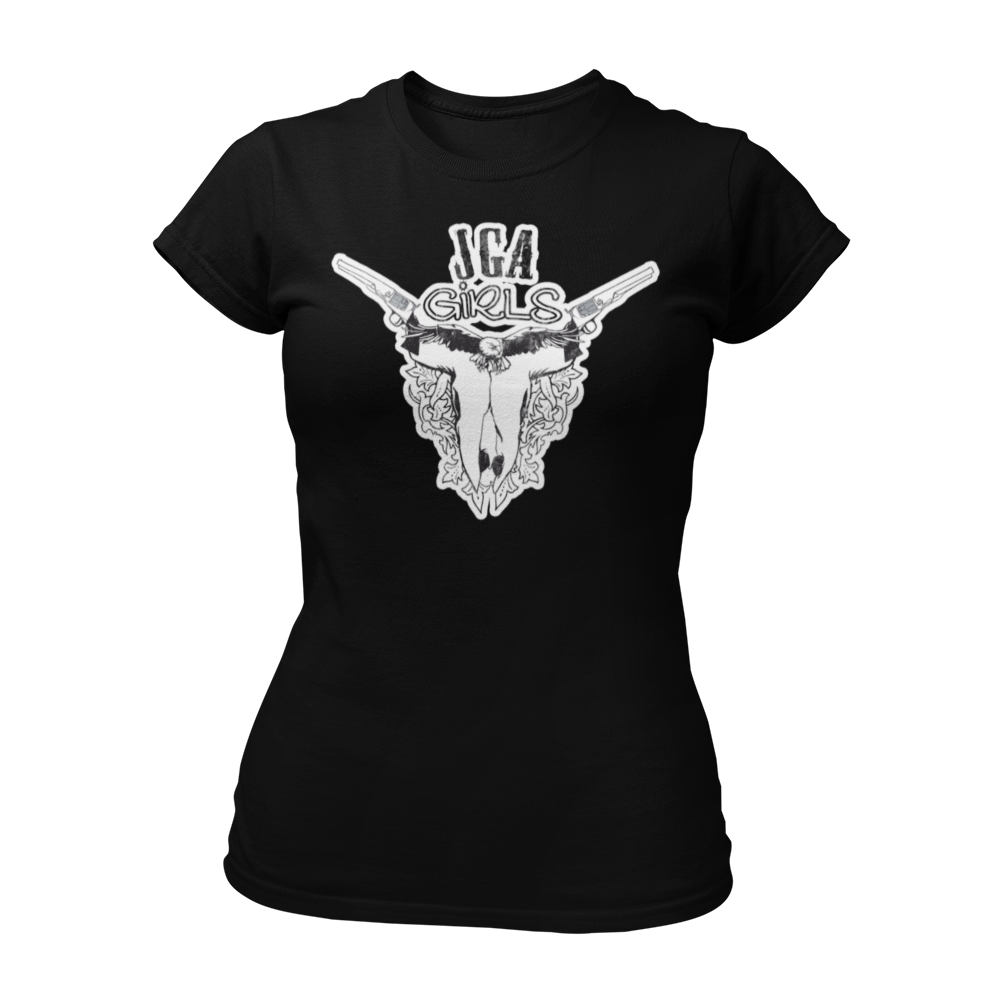 JGA T-Shirt mit dem Spruch „JGA Cowgirls“ im Used-Design, ideal für Junggesellinnenabschiede im Wild-West-Motto. Das Shirt zeigt eine kreative Grafik mit einem Schädel und Colts und bietet einen modischen Schnitt für optimalen Tragekomfort.
