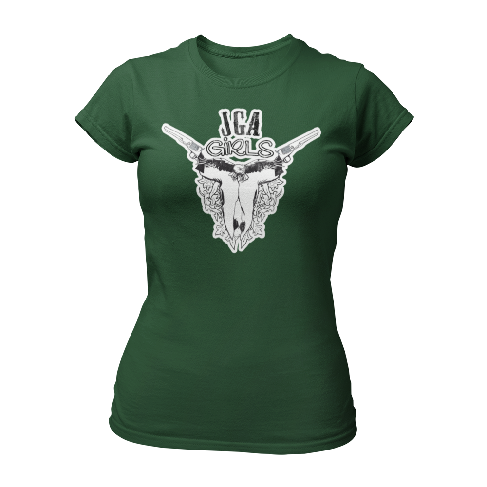 JGA T-Shirt mit dem Spruch „JGA Cowgirls“ im Used-Design, ideal für Junggesellinnenabschiede im Wild-West-Motto. Das Shirt zeigt eine kreative Grafik mit einem Schädel und Colts und bietet einen modischen Schnitt für optimalen Tragekomfort.