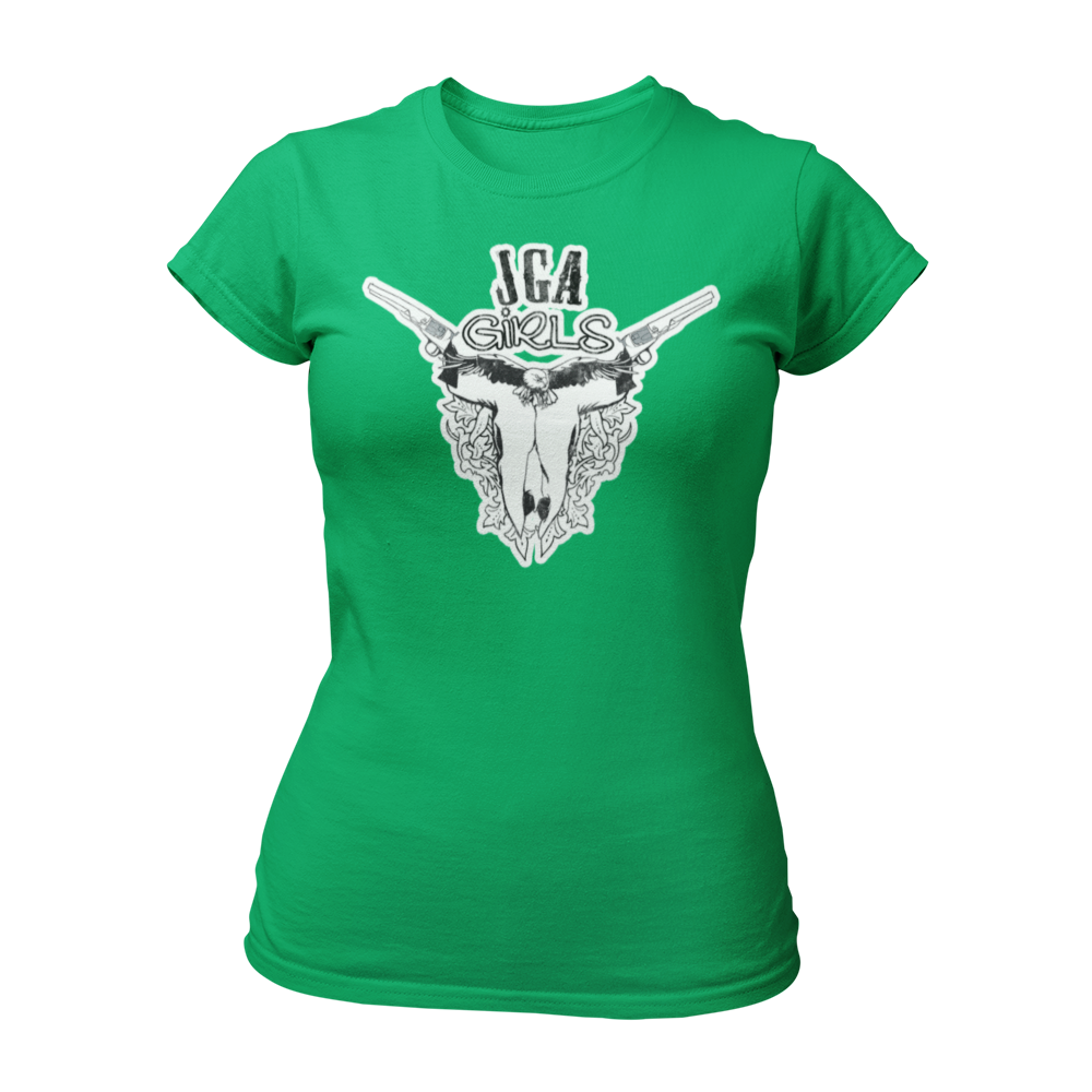 JGA T-Shirt mit dem Spruch „JGA Cowgirls“ im Used-Design, ideal für Junggesellinnenabschiede im Wild-West-Motto. Das Shirt zeigt eine kreative Grafik mit einem Schädel und Colts und bietet einen modischen Schnitt für optimalen Tragekomfort.