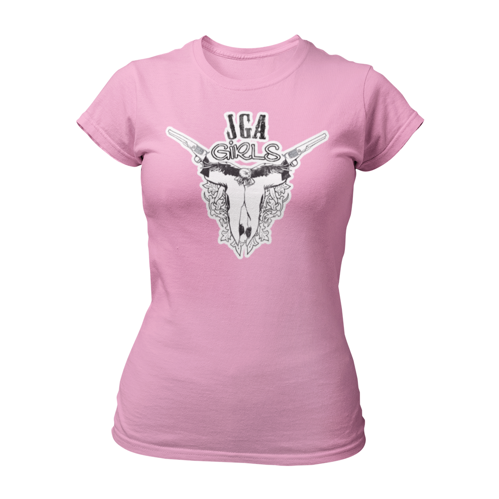 JGA T-Shirt mit dem Spruch „JGA Cowgirls“ im Used-Design, ideal für Junggesellinnenabschiede im Wild-West-Motto. Das Shirt zeigt eine kreative Grafik mit einem Schädel und Colts und bietet einen modischen Schnitt für optimalen Tragekomfort.