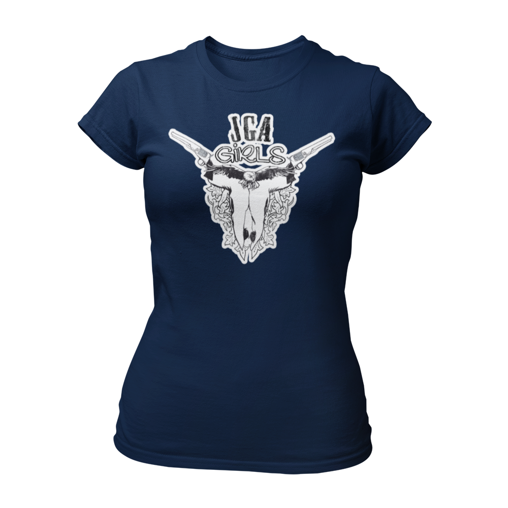 JGA T-Shirt mit dem Spruch „JGA Cowgirls“ im Used-Design, ideal für Junggesellinnenabschiede im Wild-West-Motto. Das Shirt zeigt eine kreative Grafik mit einem Schädel und Colts und bietet einen modischen Schnitt für optimalen Tragekomfort.