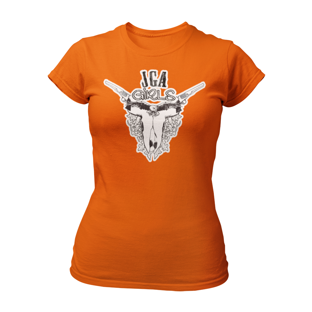 JGA T-Shirt mit dem Spruch „JGA Cowgirls“ im Used-Design, ideal für Junggesellinnenabschiede im Wild-West-Motto. Das Shirt zeigt eine kreative Grafik mit einem Schädel und Colts und bietet einen modischen Schnitt für optimalen Tragekomfort.