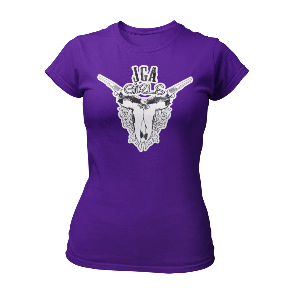 JGA T-Shirt mit dem Spruch „JGA Cowgirls“ im Used-Design, ideal für Junggesellinnenabschiede im Wild-West-Motto. Das Shirt zeigt eine kreative Grafik mit einem Schädel und Colts und bietet einen modischen Schnitt für optimalen Tragekomfort.