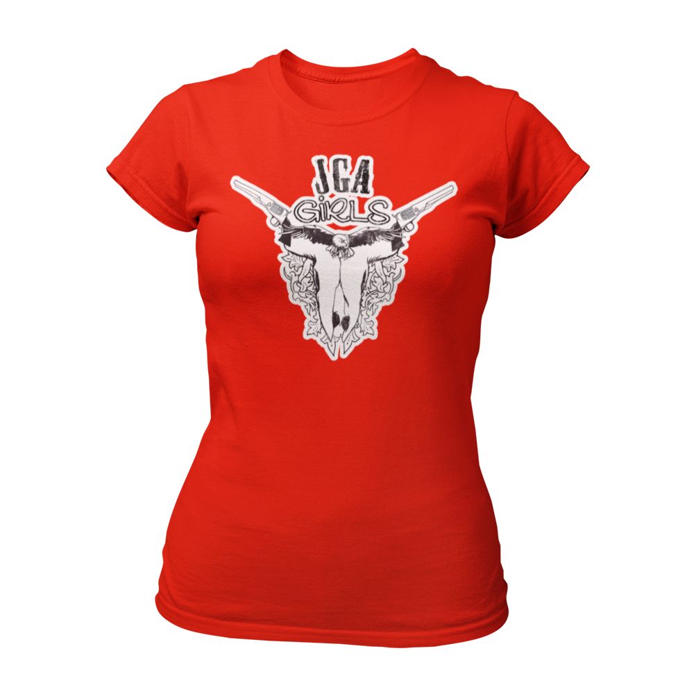 JGA T-Shirt mit dem Spruch „JGA Cowgirls“ im Used-Design, ideal für Junggesellinnenabschiede im Wild-West-Motto. Das Shirt zeigt eine kreative Grafik mit einem Schädel und Colts und bietet einen modischen Schnitt für optimalen Tragekomfort.