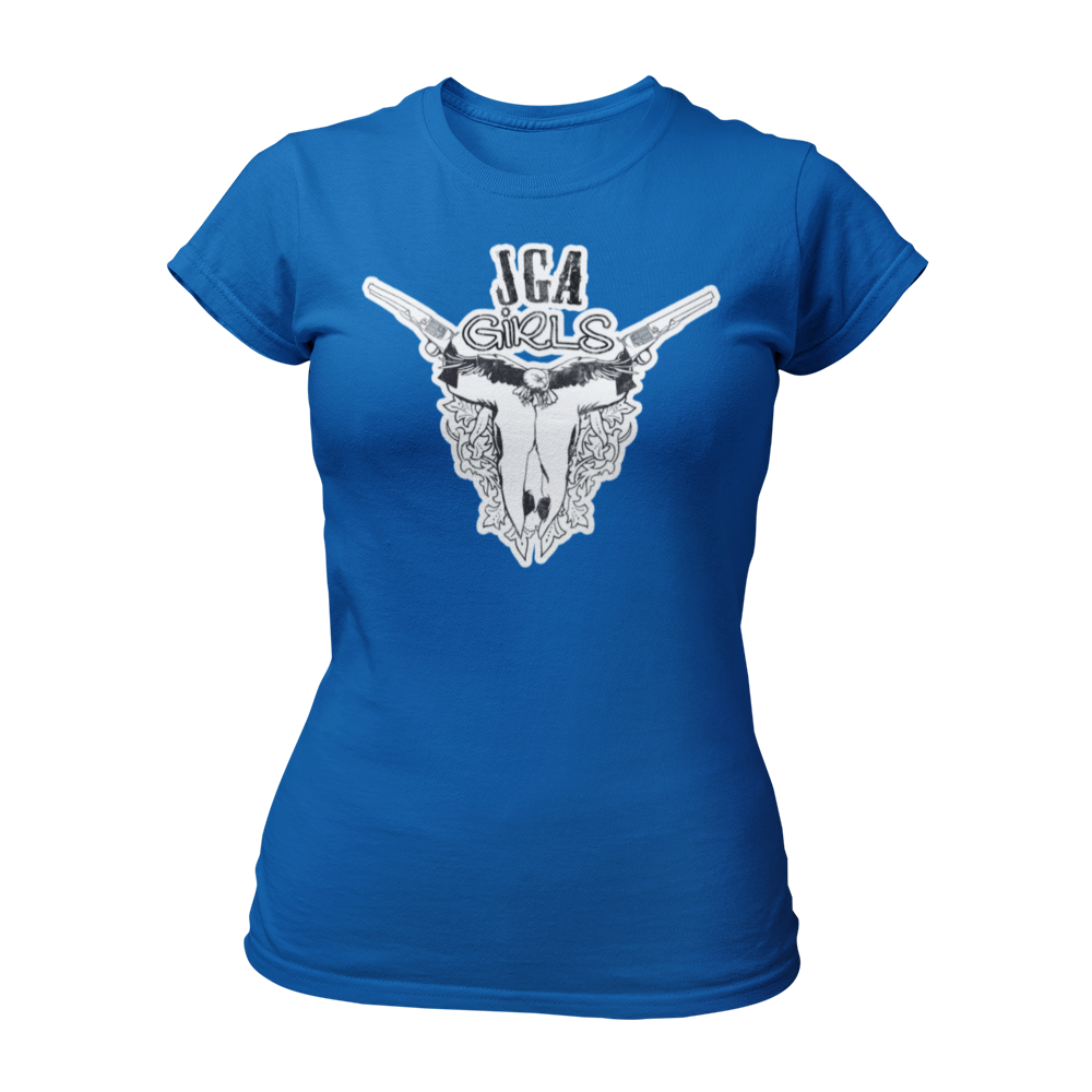 JGA T-Shirt mit dem Spruch „JGA Cowgirls“ im Used-Design, ideal für Junggesellinnenabschiede im Wild-West-Motto. Das Shirt zeigt eine kreative Grafik mit einem Schädel und Colts und bietet einen modischen Schnitt für optimalen Tragekomfort.