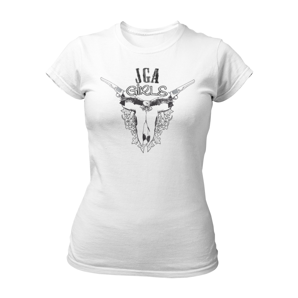 JGA T-Shirt mit dem Spruch „JGA Cowgirls“ im Used-Design, ideal für Junggesellinnenabschiede im Wild-West-Motto. Das Shirt zeigt eine kreative Grafik mit einem Schädel und Colts und bietet einen modischen Schnitt für optimalen Tragekomfort.
