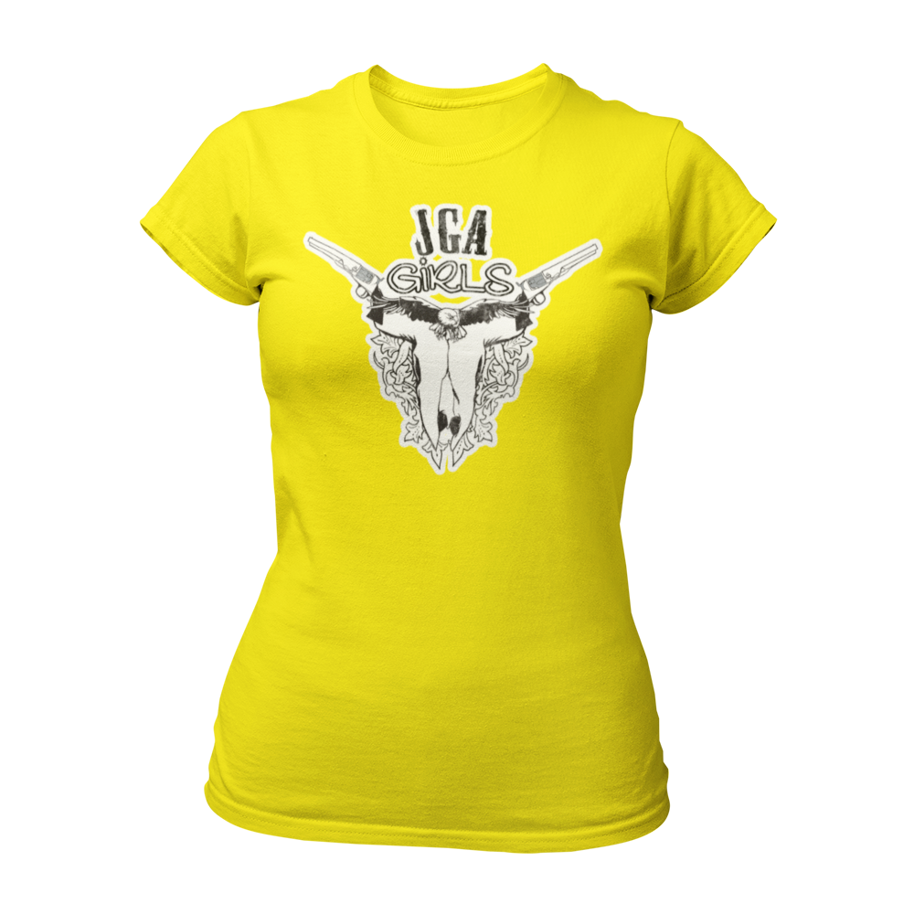 JGA T-Shirt mit dem Spruch „JGA Cowgirls“ im Used-Design, ideal für Junggesellinnenabschiede im Wild-West-Motto. Das Shirt zeigt eine kreative Grafik mit einem Schädel und Colts und bietet einen modischen Schnitt für optimalen Tragekomfort.