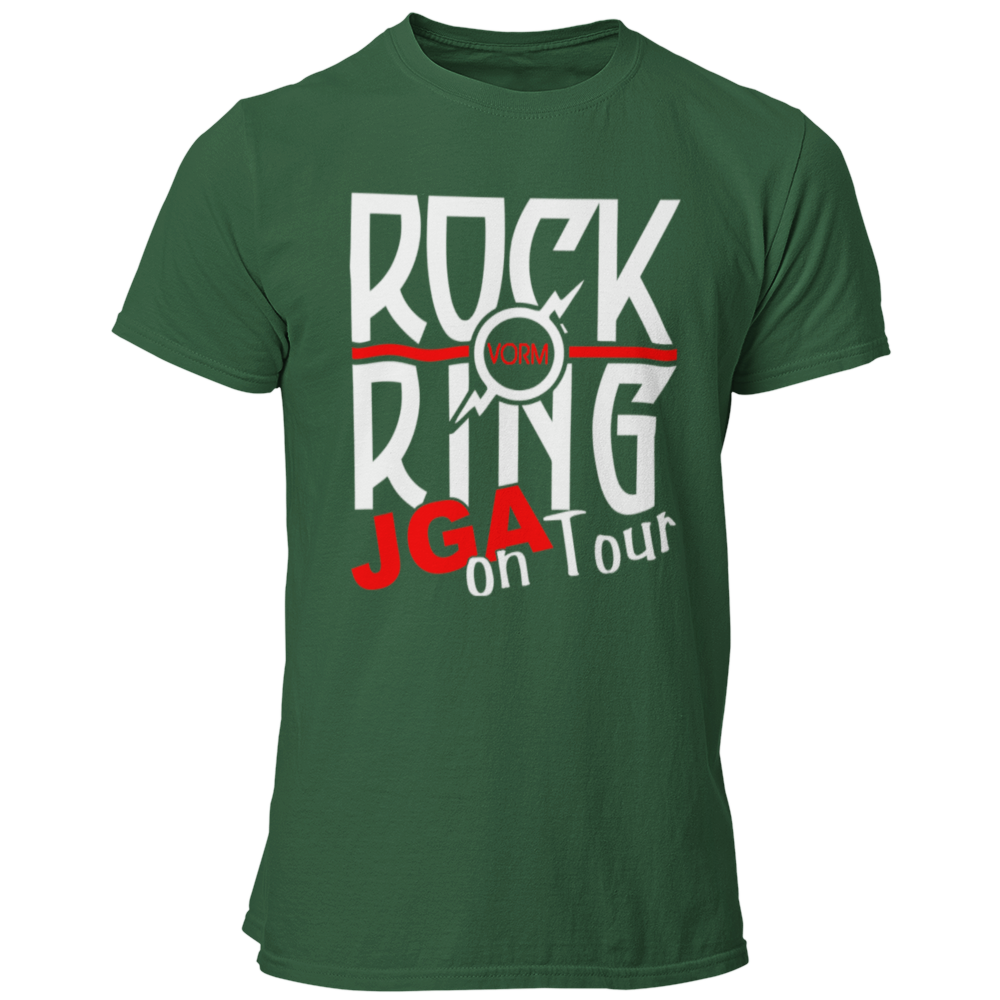 JGA T-Shirt 'Rock vorm Ring' mit einem stilvollen Rock n Roll Motiv, ideal für die Abschiedsparty des Junggesellen. Das Shirt zeigt ein Rock n Roll Logo und den Schriftzug 'JGA on Tour' in gedeckten Farben, was es zu einer eleganten Wahl für Rockliebhaber macht. Mit einem geraden Schnitt und in vielen Farben erhältlich, kombiniert es schlichte Eleganz mit einem einprägsamen Design. Perfekt für unvergessliche Feiern, bei denen auf den Tischen getanzt und die Party gerockt wird!