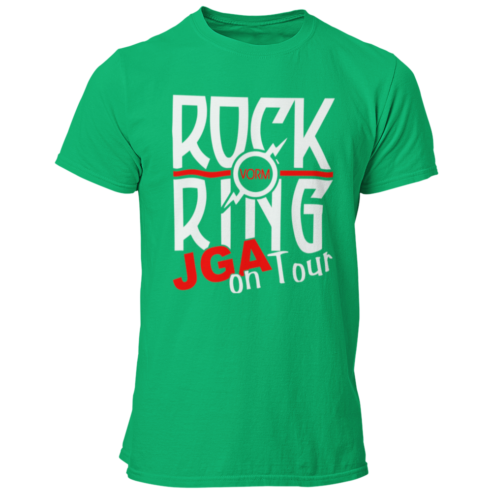 JGA T-Shirt 'Rock vorm Ring' mit einem stilvollen Rock n Roll Motiv, ideal für die Abschiedsparty des Junggesellen. Das Shirt zeigt ein Rock n Roll Logo und den Schriftzug 'JGA on Tour' in gedeckten Farben, was es zu einer eleganten Wahl für Rockliebhaber macht. Mit einem geraden Schnitt und in vielen Farben erhältlich, kombiniert es schlichte Eleganz mit einem einprägsamen Design. Perfekt für unvergessliche Feiern, bei denen auf den Tischen getanzt und die Party gerockt wird!