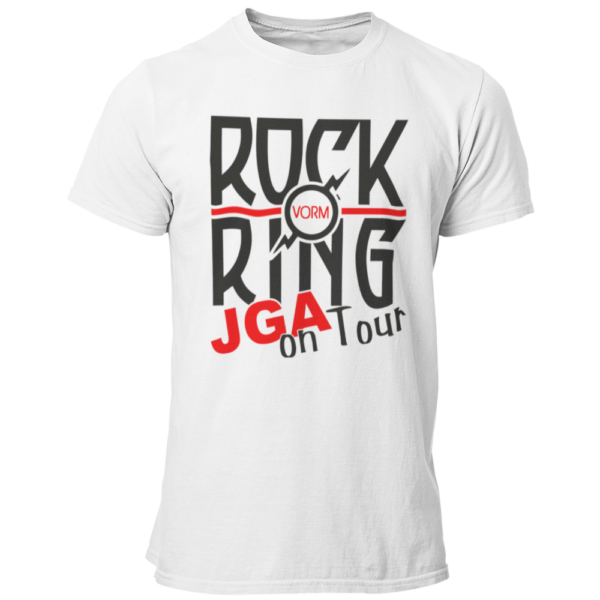 JGA T-Shirt 'Rock vorm Ring' mit einem stilvollen Rock n Roll Motiv, ideal für die Abschiedsparty des Junggesellen. Das Shirt zeigt ein Rock n Roll Logo und den Schriftzug 'JGA on Tour' in gedeckten Farben, was es zu einer eleganten Wahl für Rockliebhaber macht. Mit einem geraden Schnitt und in vielen Farben erhältlich, kombiniert es schlichte Eleganz mit einem einprägsamen Design. Perfekt für unvergessliche Feiern, bei denen auf den Tischen getanzt und die Party gerockt wird!