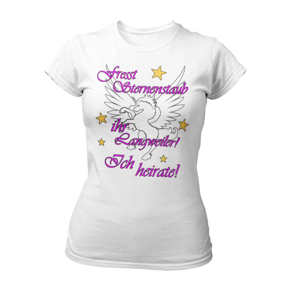 JGA T-Shirt 'Einhorn' für Frauen, mit einem großen Einhorn-Motiv und dem Spruch 'Fresst Sternenstaub, ihr Langweiler, ich heirate!' in pinker Schrift. Das feminines Damenshirt hat einen taillierten Schnitt und wird durch kleine Sternchen verziert. Perfekt für den Mädelsabend vor der Hochzeit