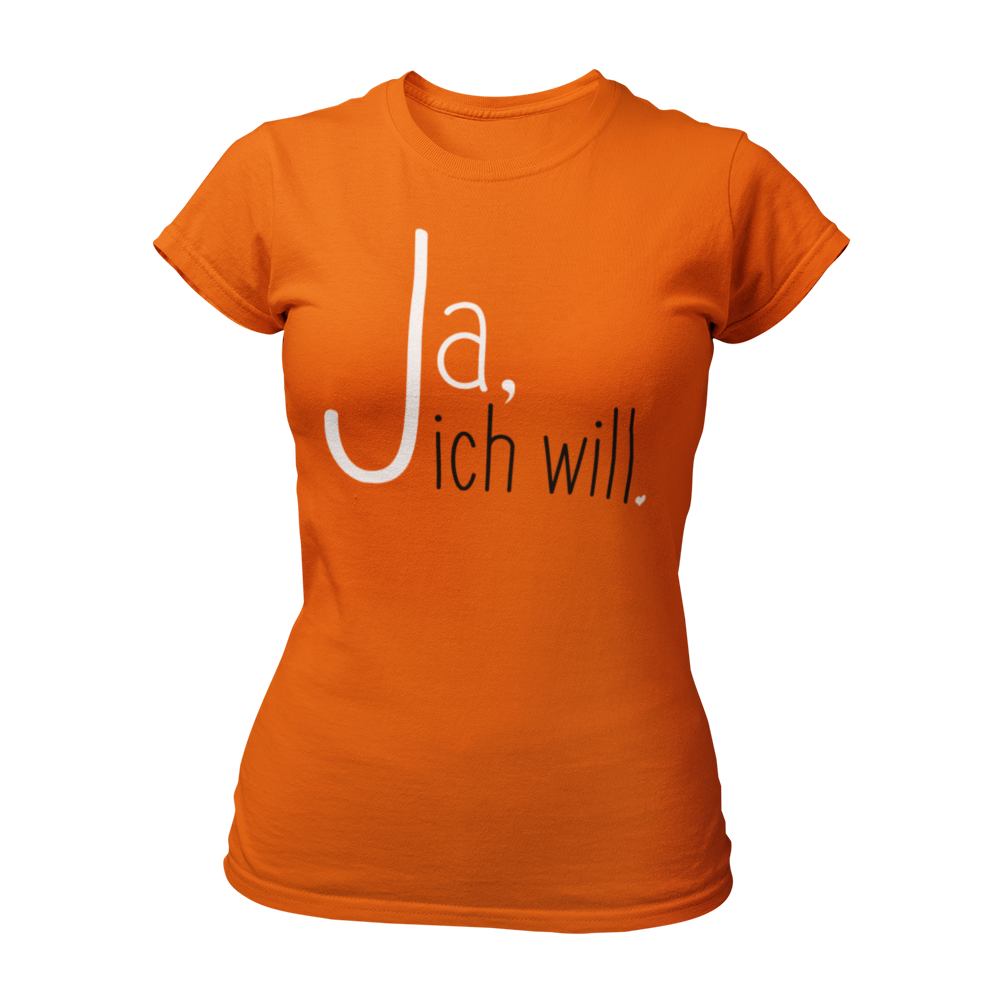 Damen-JGA T-Shirt mit dem Aufdruck "Ja, ich will." in zwei Farben. Das Shirt hat kurze Ärmel, eine taillierte Passform und einen weiten runden Kragen. Ideal für den Junggesellinnenabschied oder die bridal shower Party. Das schlichte Design kombiniert Stil und Eleganz und eignet sich für verschiedene Gelegenheiten.