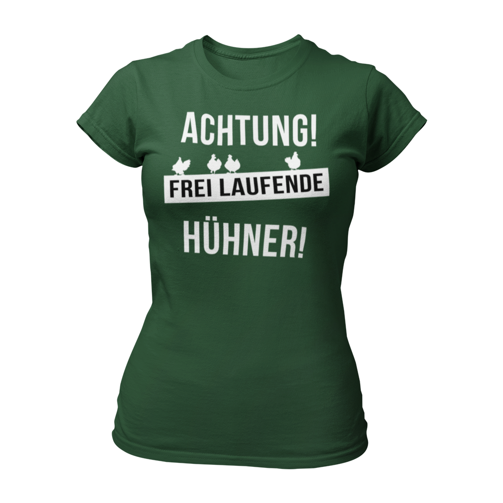 Damen T-Shirt "Achtung freilaufende Hühner" mit auffälligem Schriftzug. Ideal für den Junggesellinnenabschied, bringt es eine Portion Humor und Selbstironie mit sich. Das Shirt hat eine taillierte Passform und ist in vielen Farben erhältlich.