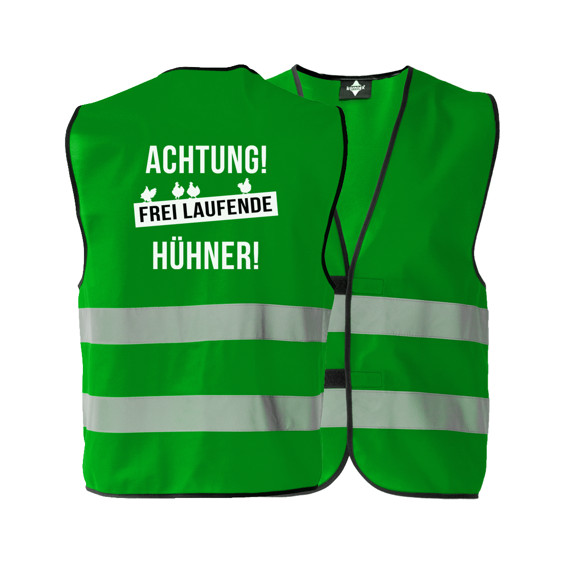 JGA Warnweste "Achtung! Frei laufende Hühner!" für Junggesellenabschiede; ideal für Frauen, die Spaß und Peinlichkeiten lieben; bietet eine einheitliche, auffällige Erscheinung in strahlenden Farben; kann über jedem Kleidungsstück getragen werden, flexibel und anpassbar; ausgestattet mit zwei Klettverschlüssen zur Größenverstellung und zwei breiten Reflektionsstreifen für Sicherheit; der provokante Schriftzug auf dem Rücken wird von vier kleinen Hühnern abgerundet; erhältlich in den Größen S bis 5XL; perfek