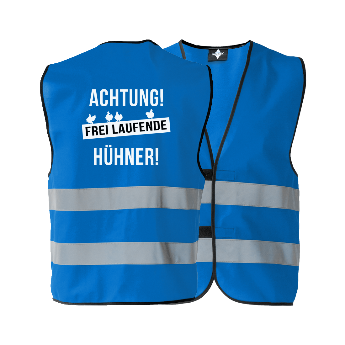 JGA Warnweste "Achtung! Frei laufende Hühner!" für Junggesellenabschiede; ideal für Frauen, die Spaß und Peinlichkeiten lieben; bietet eine einheitliche, auffällige Erscheinung in strahlenden Farben; kann über jedem Kleidungsstück getragen werden, flexibel und anpassbar; ausgestattet mit zwei Klettverschlüssen zur Größenverstellung und zwei breiten Reflektionsstreifen für Sicherheit; der provokante Schriftzug auf dem Rücken wird von vier kleinen Hühnern abgerundet; erhältlich in den Größen S bis 5XL; perfek
