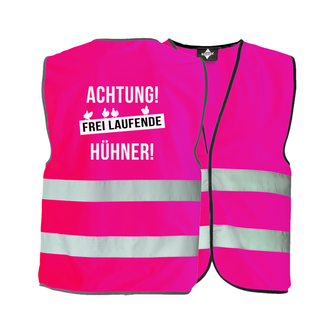 JGA Warnweste "Achtung! Frei laufende Hühner!" für Junggesellenabschiede; ideal für Frauen, die Spaß und Peinlichkeiten lieben; bietet eine einheitliche, auffällige Erscheinung in strahlenden Farben; kann über jedem Kleidungsstück getragen werden, flexibel und anpassbar; ausgestattet mit zwei Klettverschlüssen zur Größenverstellung und zwei breiten Reflektionsstreifen für Sicherheit; der provokante Schriftzug auf dem Rücken wird von vier kleinen Hühnern abgerundet; erhältlich in den Größen S bis 5XL; perfek
