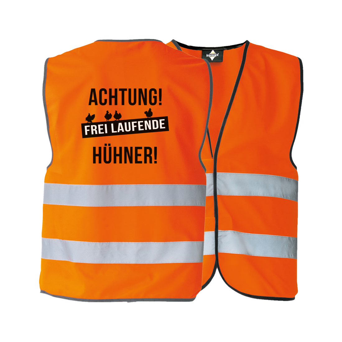 JGA Warnweste "Achtung! Frei laufende Hühner!" für Junggesellenabschiede; ideal für Frauen, die Spaß und Peinlichkeiten lieben; bietet eine einheitliche, auffällige Erscheinung in strahlenden Farben; kann über jedem Kleidungsstück getragen werden, flexibel und anpassbar; ausgestattet mit zwei Klettverschlüssen zur Größenverstellung und zwei breiten Reflektionsstreifen für Sicherheit; der provokante Schriftzug auf dem Rücken wird von vier kleinen Hühnern abgerundet; erhältlich in den Größen S bis 5XL; perfek