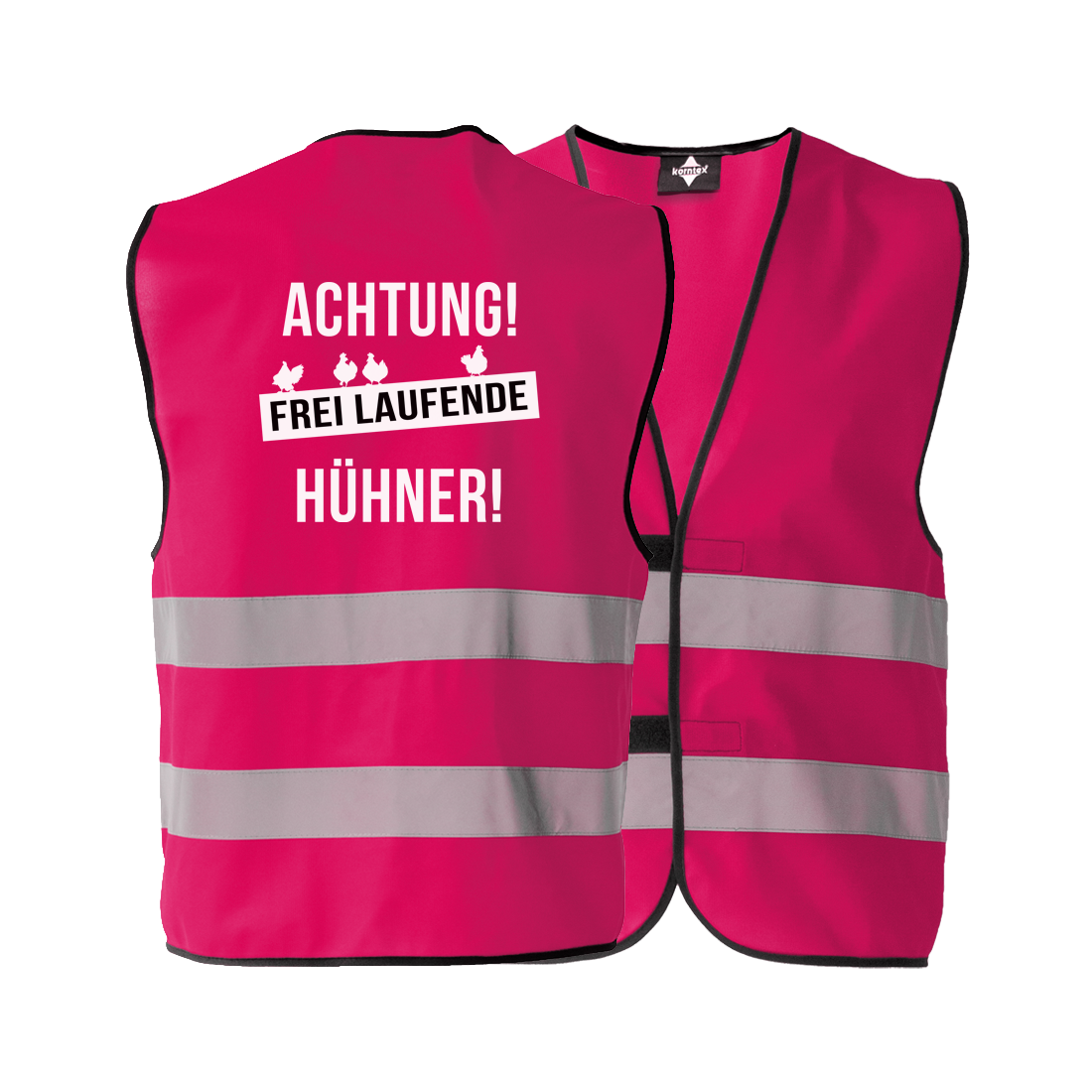 JGA Warnweste "Achtung! Frei laufende Hühner!" für Junggesellenabschiede; ideal für Frauen, die Spaß und Peinlichkeiten lieben; bietet eine einheitliche, auffällige Erscheinung in strahlenden Farben; kann über jedem Kleidungsstück getragen werden, flexibel und anpassbar; ausgestattet mit zwei Klettverschlüssen zur Größenverstellung und zwei breiten Reflektionsstreifen für Sicherheit; der provokante Schriftzug auf dem Rücken wird von vier kleinen Hühnern abgerundet; erhältlich in den Größen S bis 5XL; perfek
